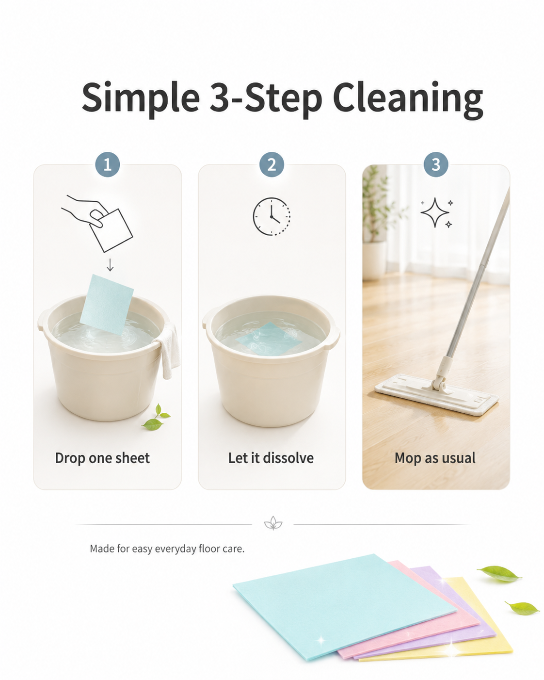 A compact, pre-measured floor cleaning sheet for busy family homes