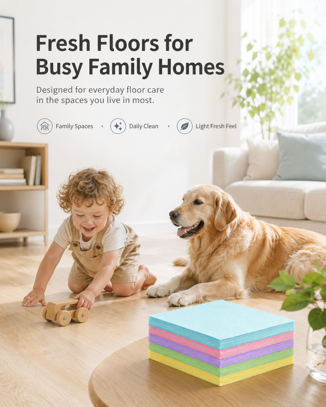 A compact, pre-measured floor cleaning sheet for busy family homes