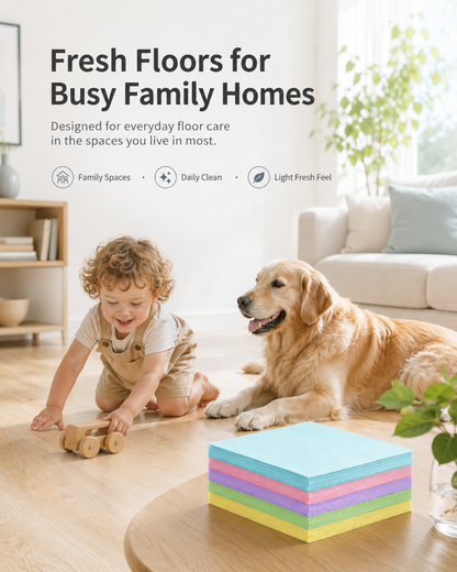 A compact, pre-measured floor cleaning sheet for busy family homes